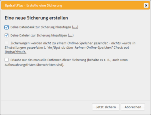 UpdraftPlus Backup erstellen Dialog