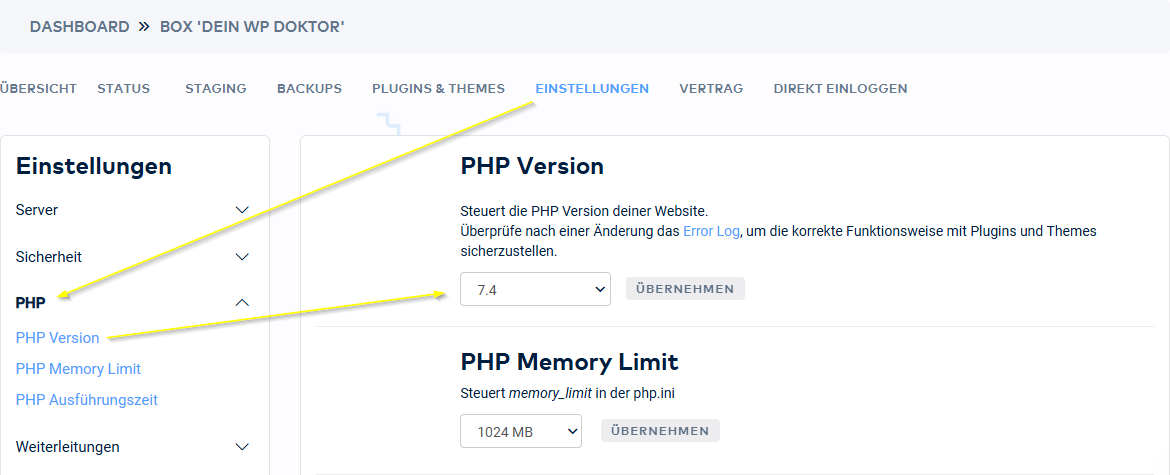 Raidboxes Dashboard PHP Version ändern