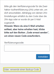 Backup Code verwenden